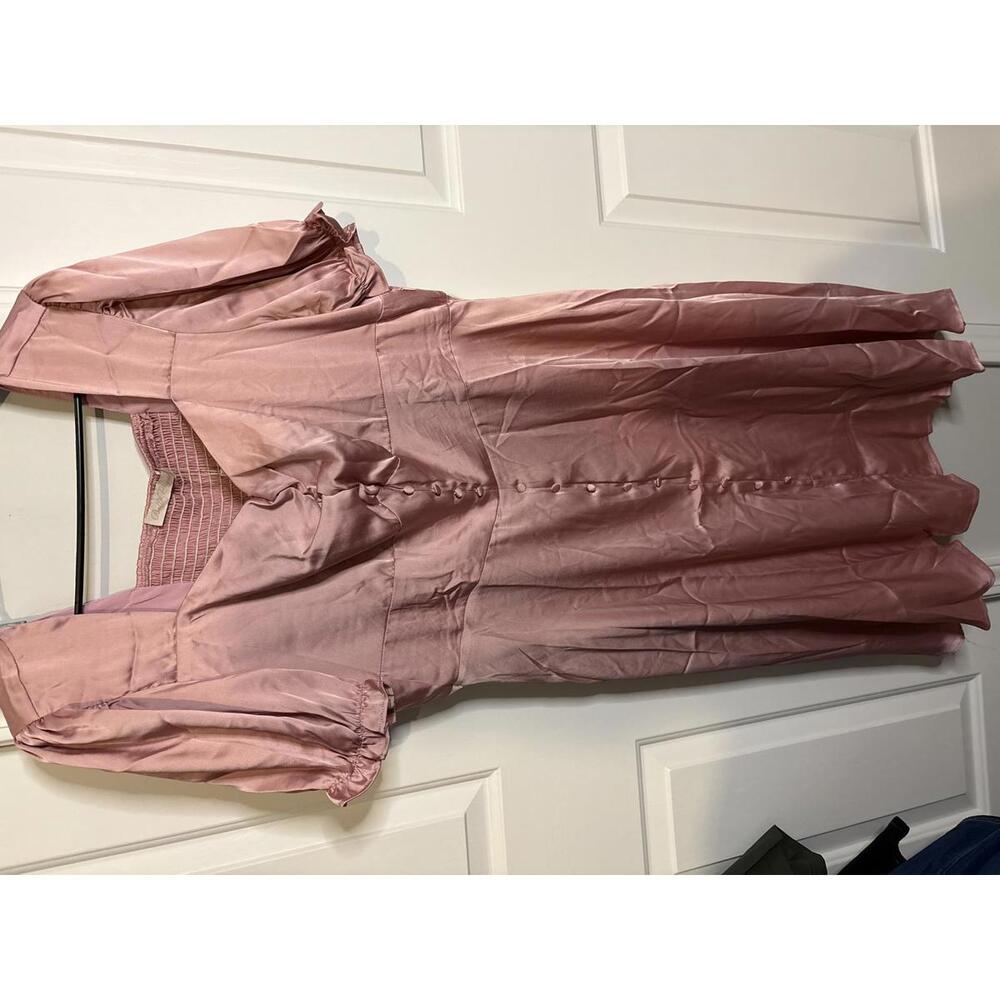 Belle Poque Pink Satin Midi Dress with Puff Sleeves 450